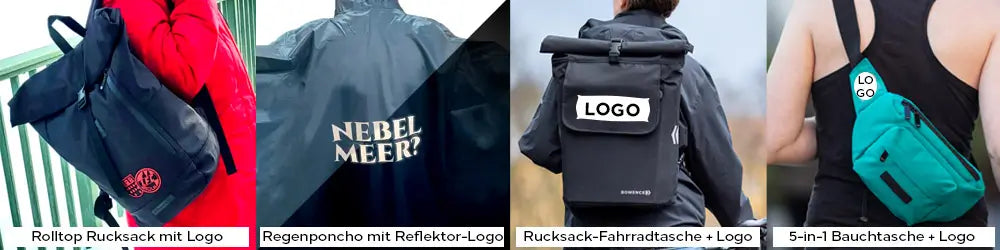 Beispiele für bedruckte Taschen Rucksäcke Bauchtaschen und Regenponchos