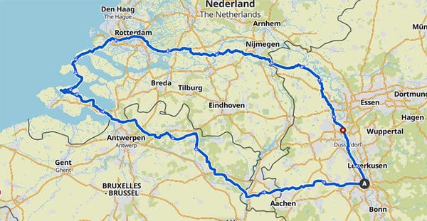 Map Rhein-Rad-Weg from Cologne Germany to Rotterdam Niederland shows my route planning.