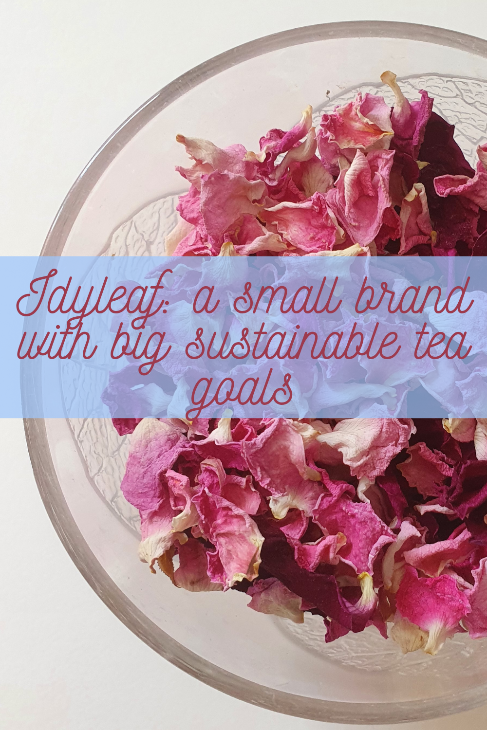 the photo shows a seethrough cup filled with pink and purple rose petals