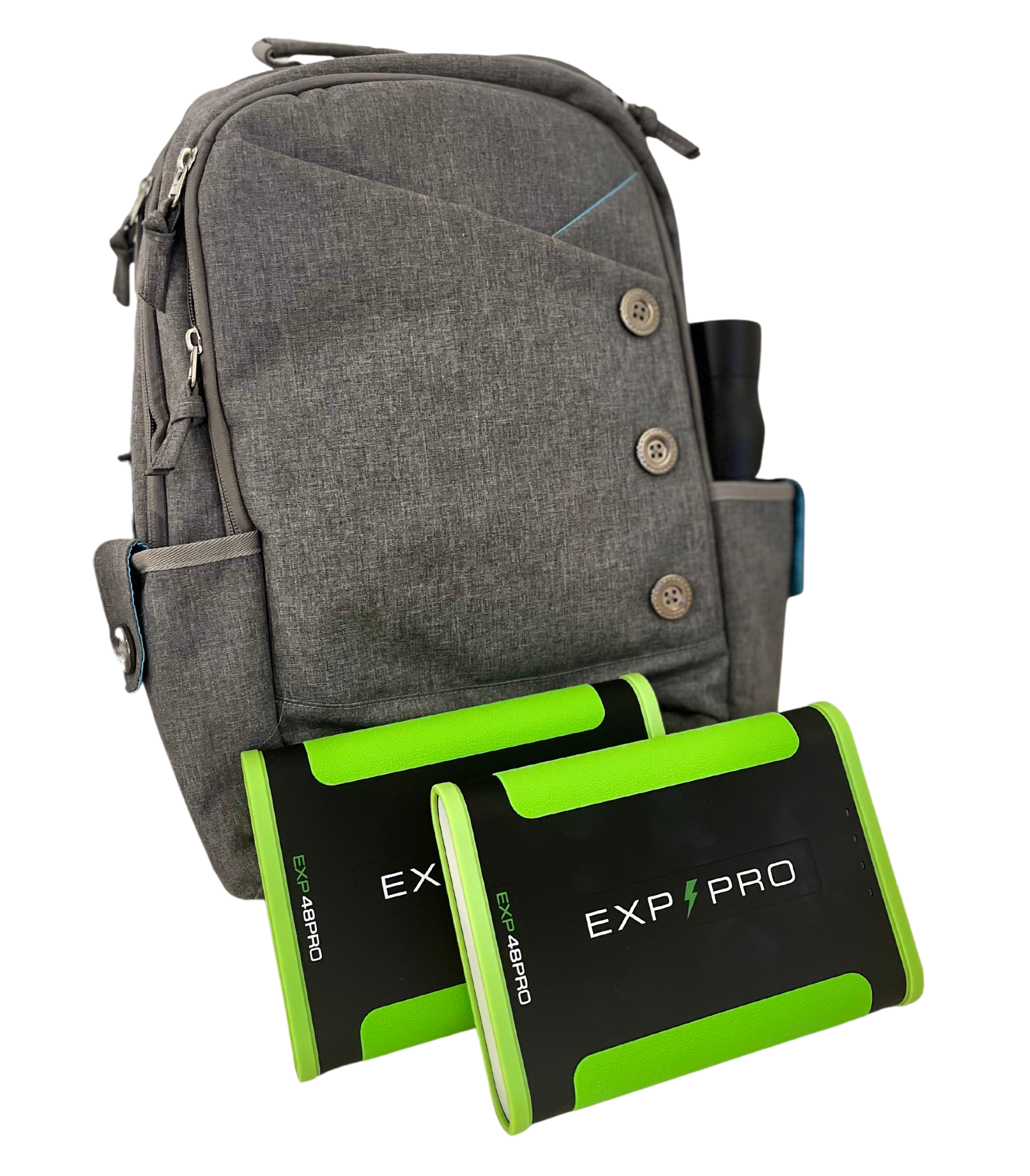 Grey backpack with 2 EXP48PRO batteries sitting in front of it