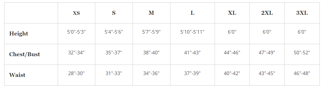 Dignity Suit Sizing Chart
