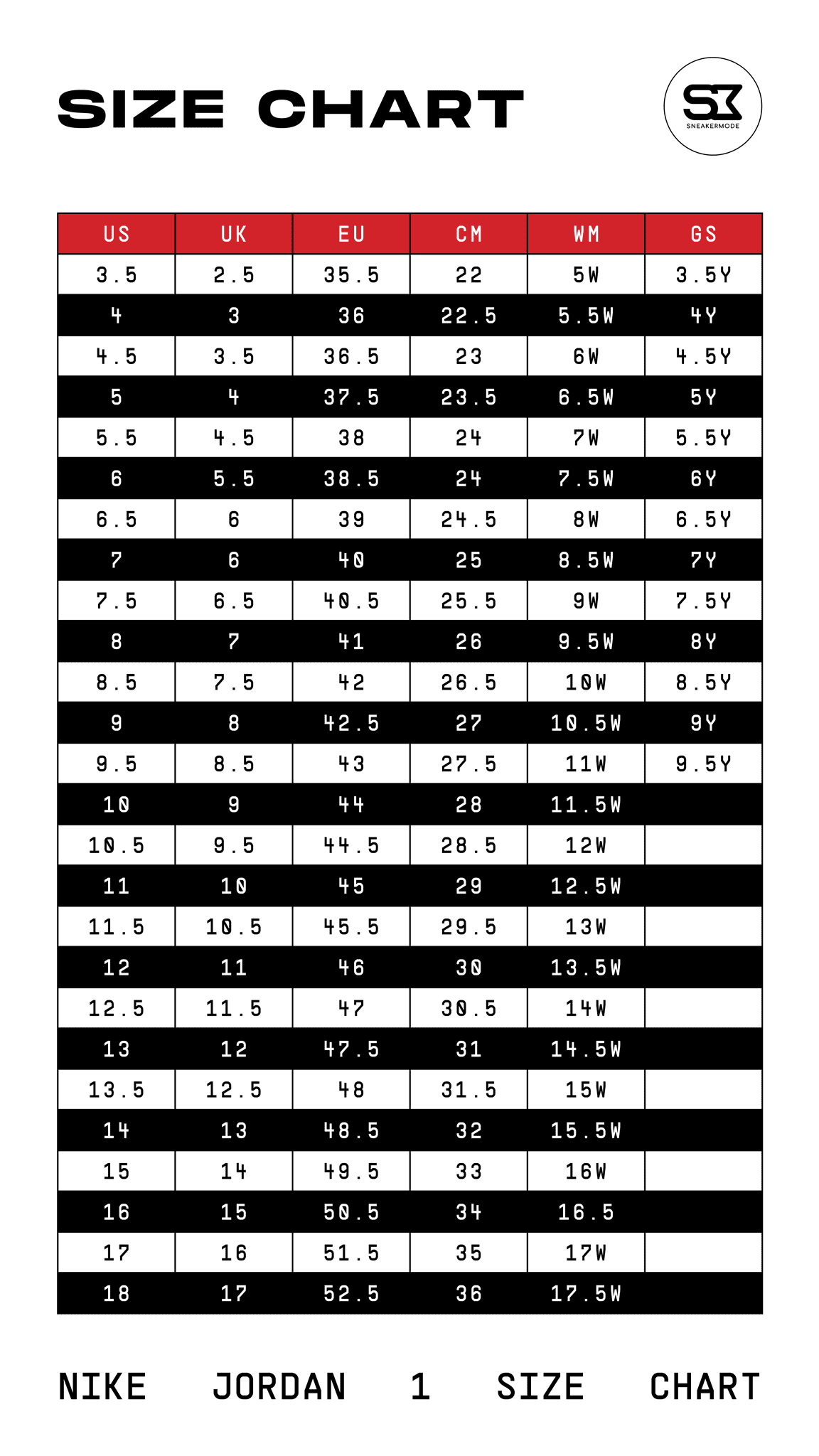 gs size chart jordan