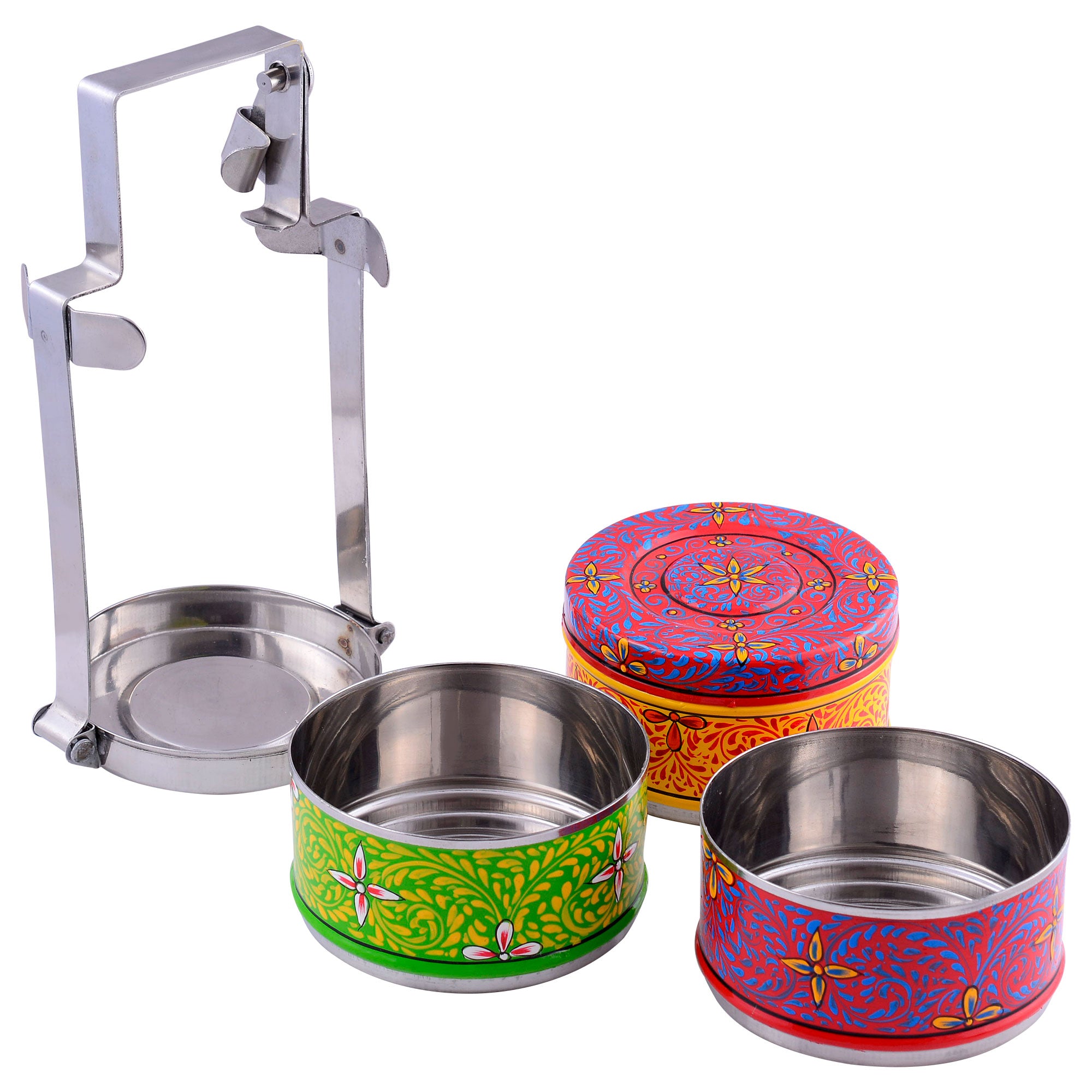 Hand Painted 3 Tier Steel Lunch Box- A dabba, or Indian-style tiffin carrier, Bombay Dabba