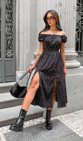 Black long floral split dress with leather boots