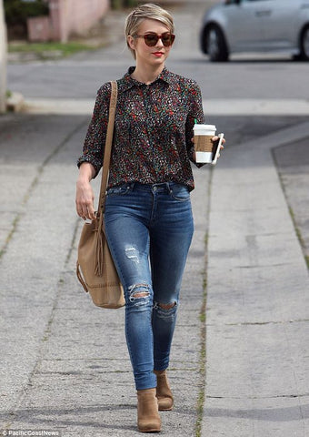 Dark Colored Short Sleeve floral Blouse Tucked Into Jeans