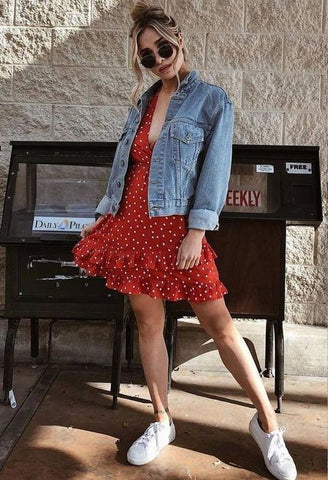 Jean jacket, a pair of sunglasses, and a floral dress