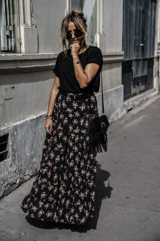 Long floral skirt with simple short sleeve t-shirt