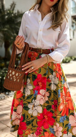 shirt and floral skirt