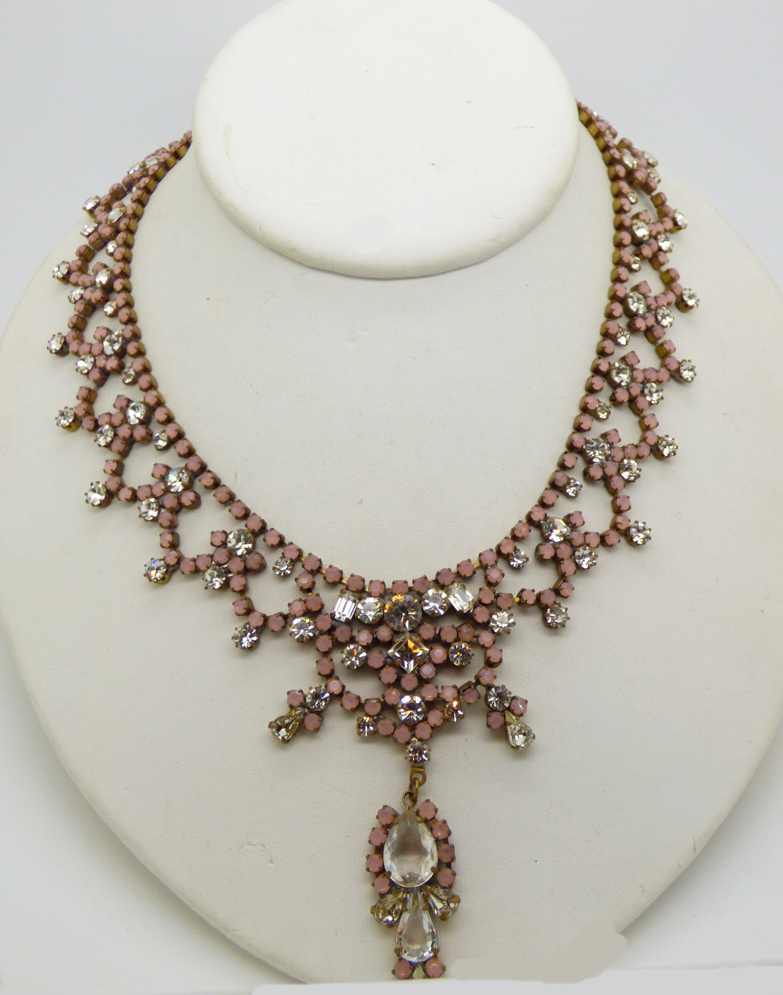 Husar D Opaque Pink and Clear Czech Glass Rhinestone Necklace - Vintage ...