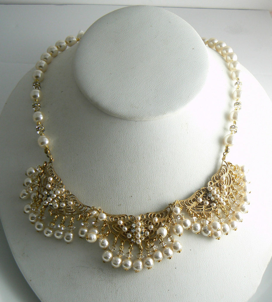 Miriam Haskell Glass Pearl and Rhinestone Necklace - Vintage Lane Jewelry