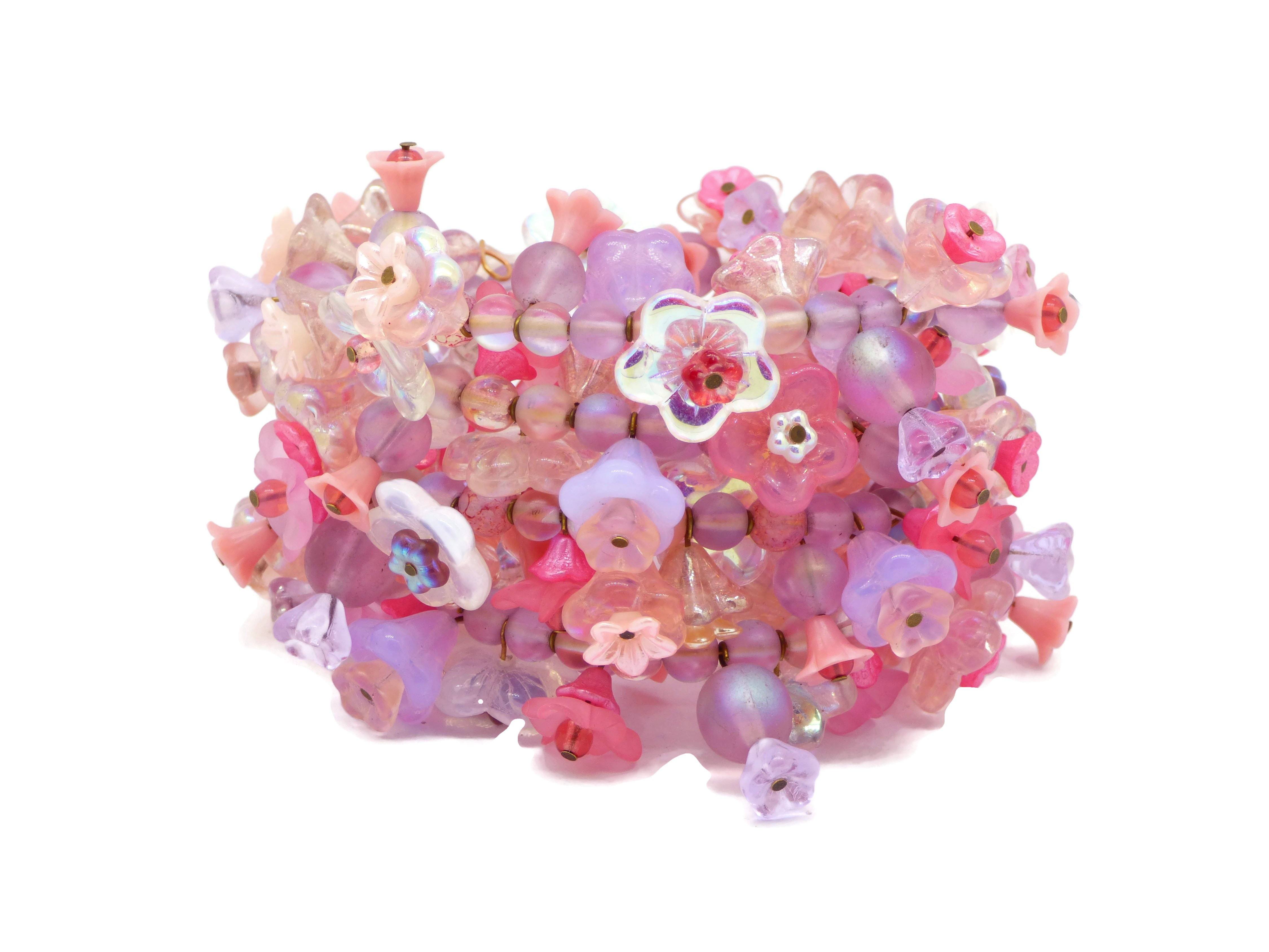 Pink Glass Flowers Beaded Memory Bracelet