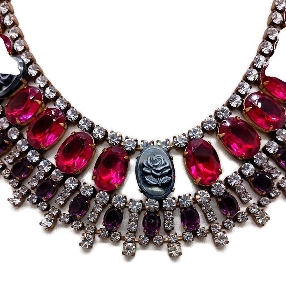 Husar D Czech Glass Black Rose Cameo Bib Necklace - Vintage Lane Jewelry