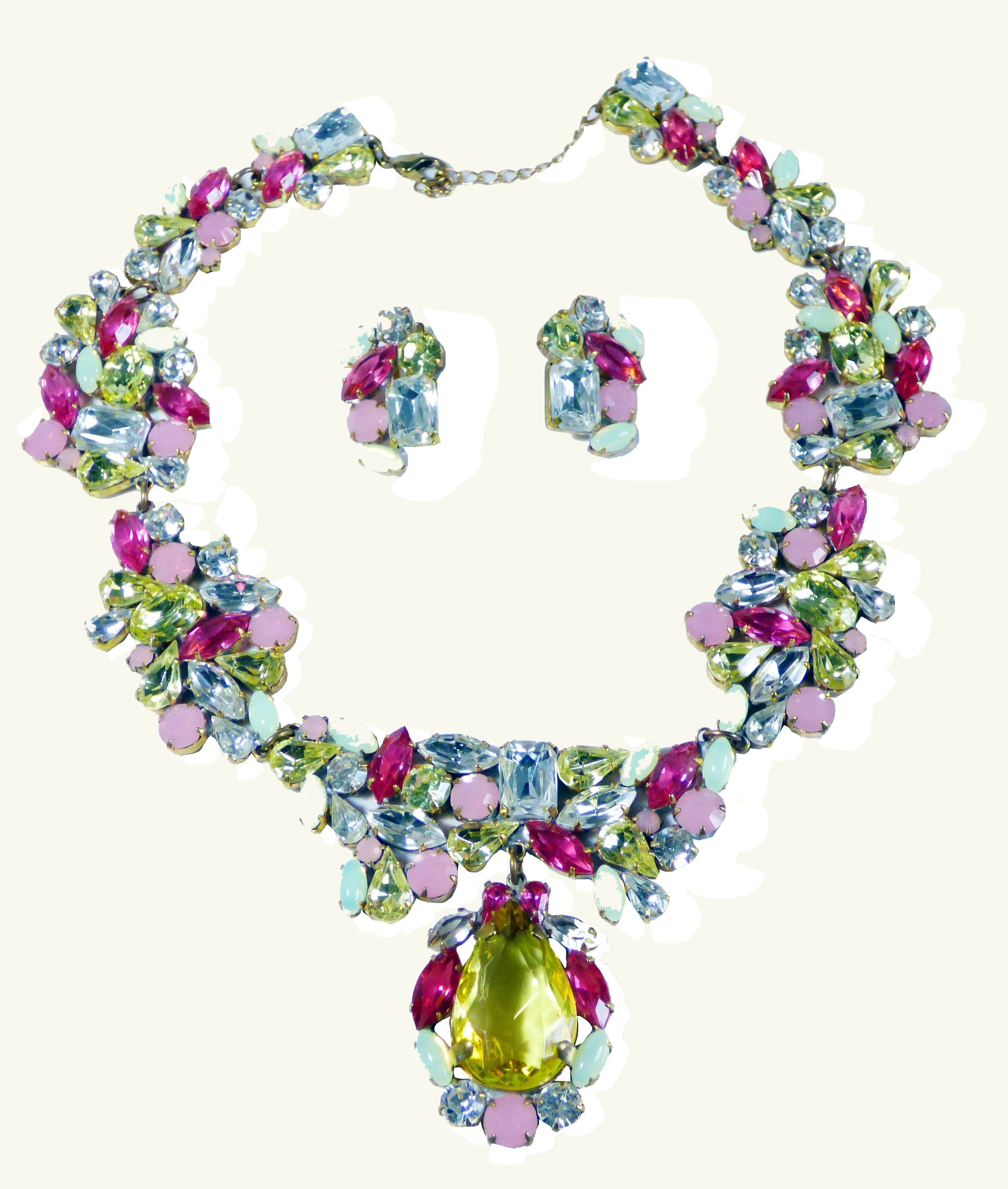 Czech Glass Pastel Rhinestone Pendant Necklace and Clip Earrings