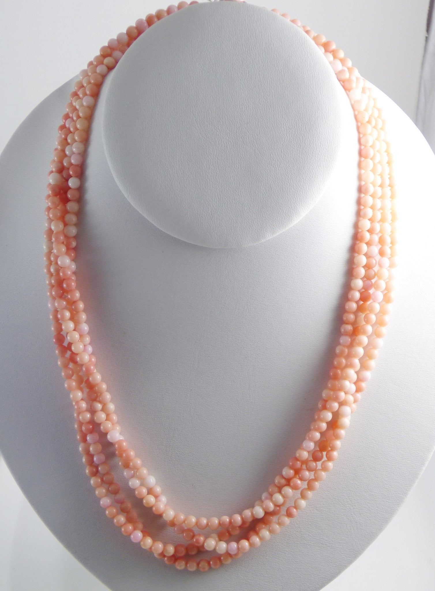 Angel Skin Coral Natural 4 Strand Necklace with Carved Coral Flower Clasp