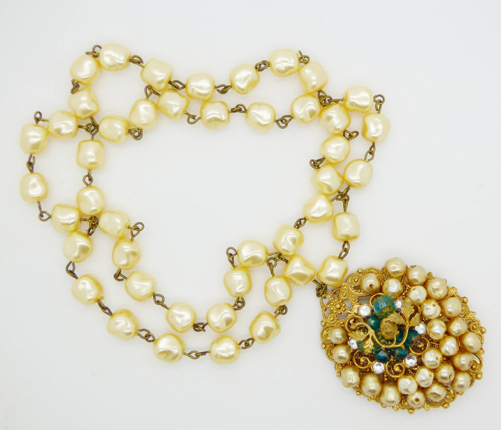 Early Miriam Haskell Baroque Glass Pearl Filigree Pendant Necklace ...