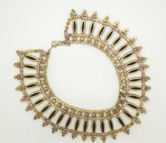 Czech Glass Black Cab and Clear Rhinestone Bib Collar Necklace - Vintage Lane Jewelry
