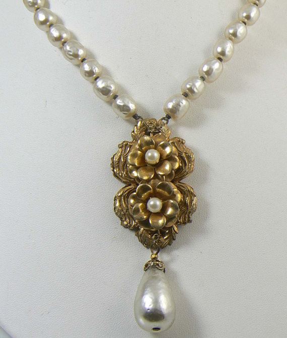 Miriam Haskell Baroque Pearl and Russian Gold Floral Necklace – Vintage ...