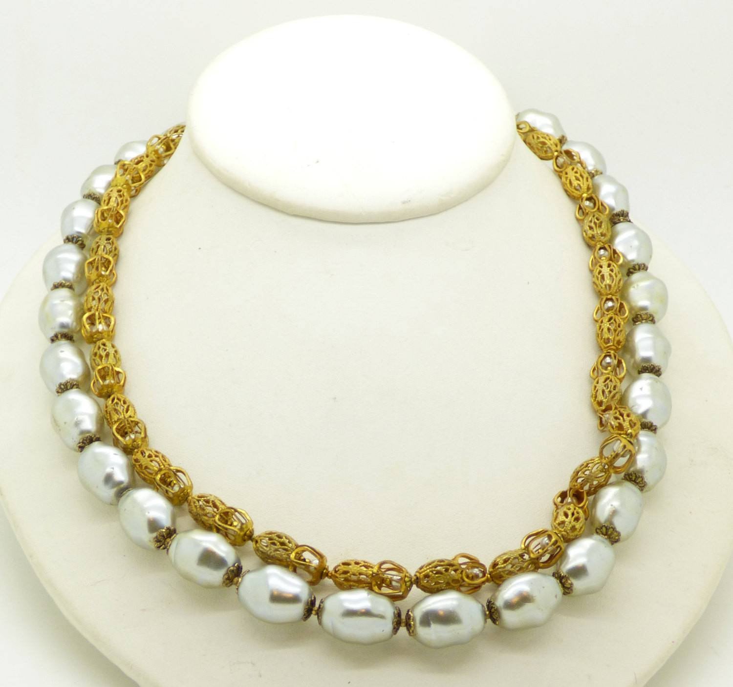 Miriam Haskell Large Baroque Silver Pearl and Gold Filigree Necklace ...