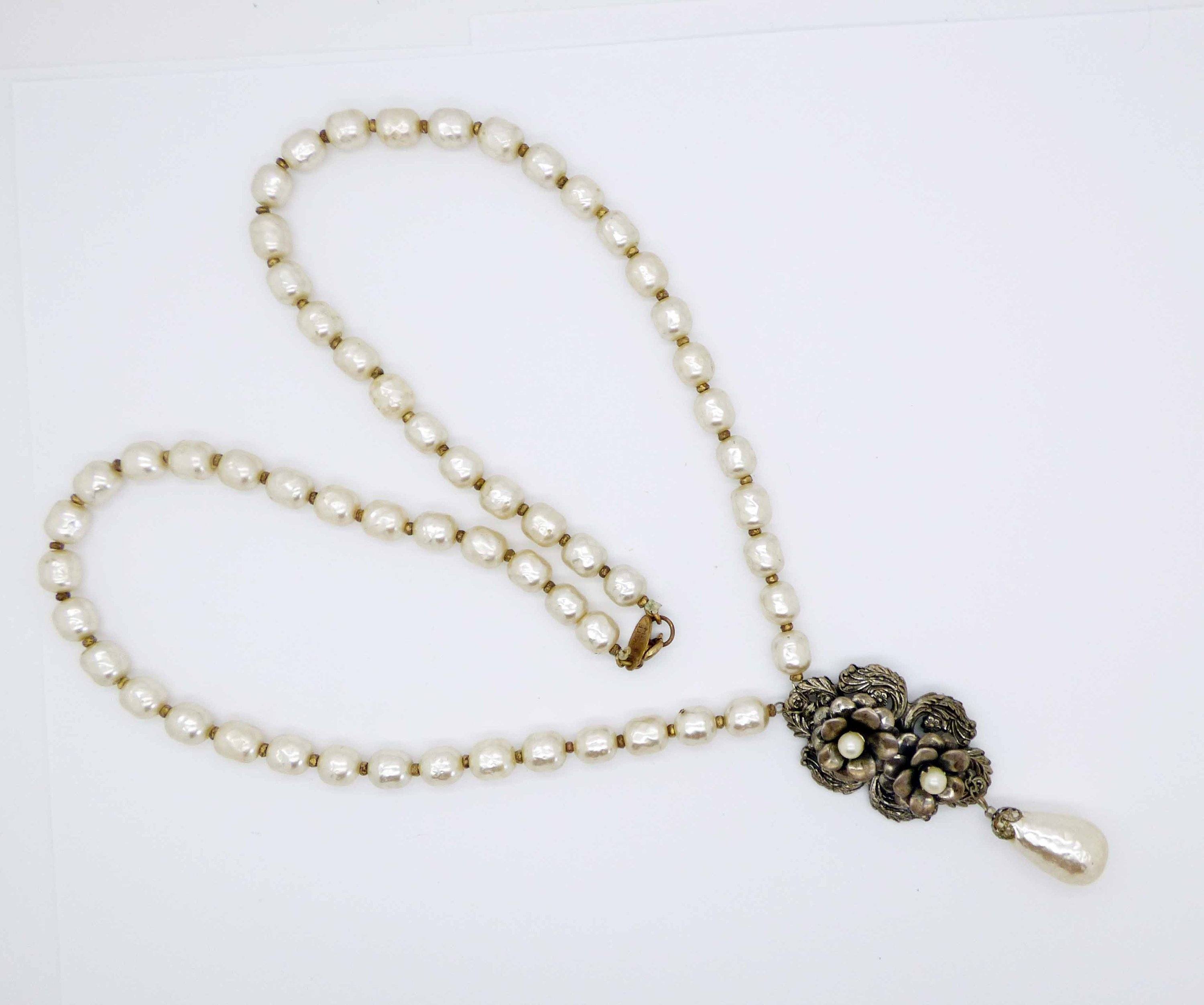 Miriam Haskell Baroque Pearl and Antiqued Silver Floral Necklace ...