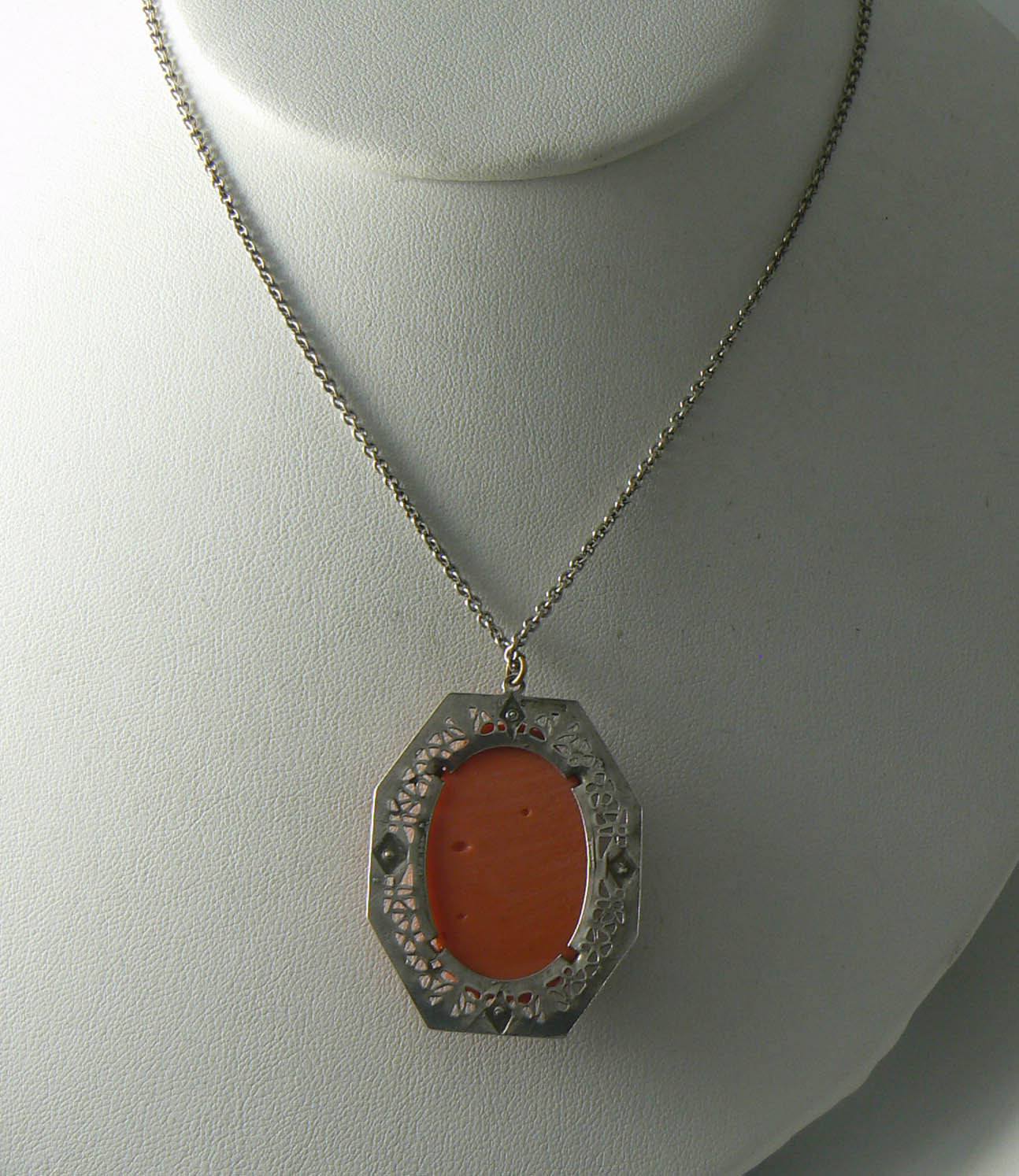 Vintage Art Deco Filigree Sterling Poured Coral Glass Necklace