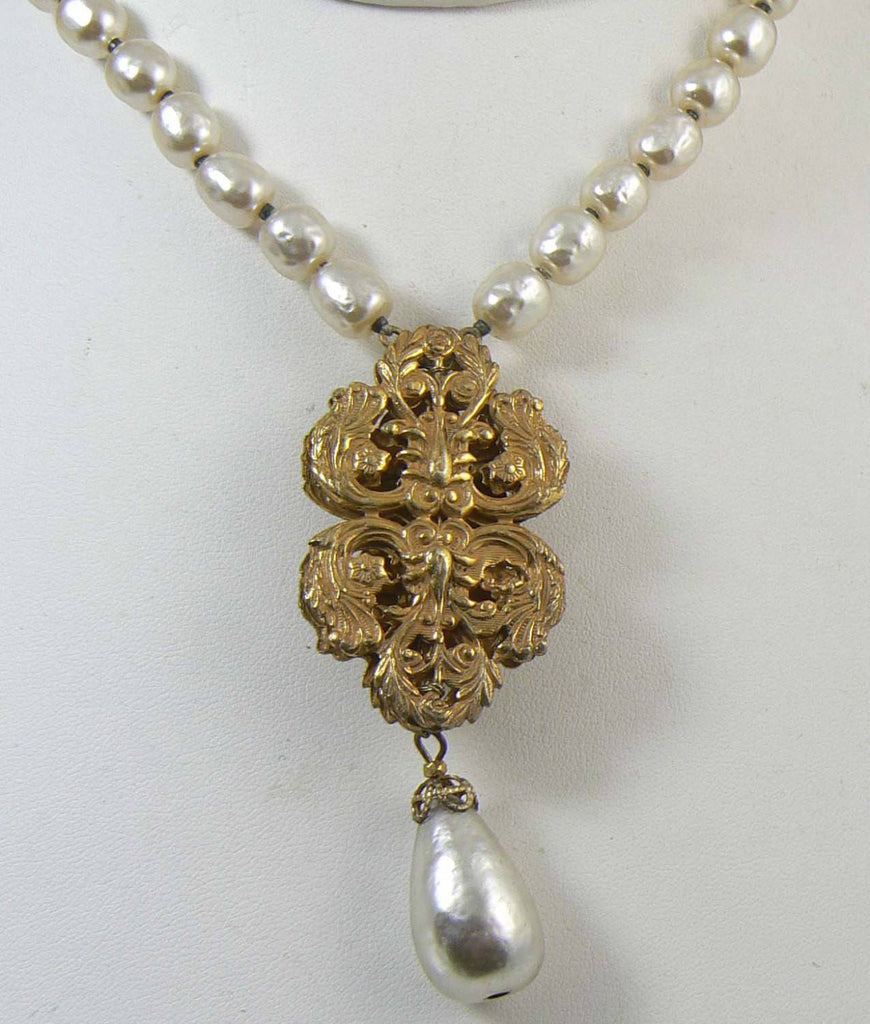 Miriam Haskell Baroque Pearl and Russian Gold Floral Necklace - Vintage ...