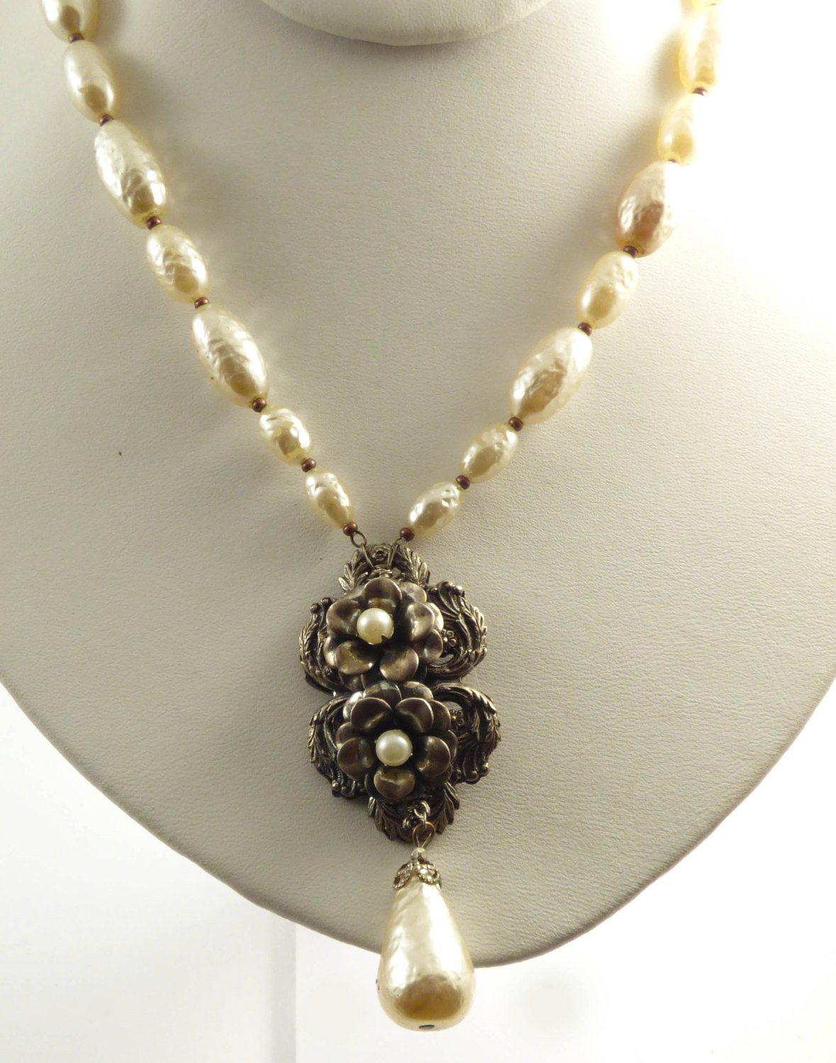Miriam Haskell Baroque Pearl Antique Silver Floral Necklace - Vintage ...