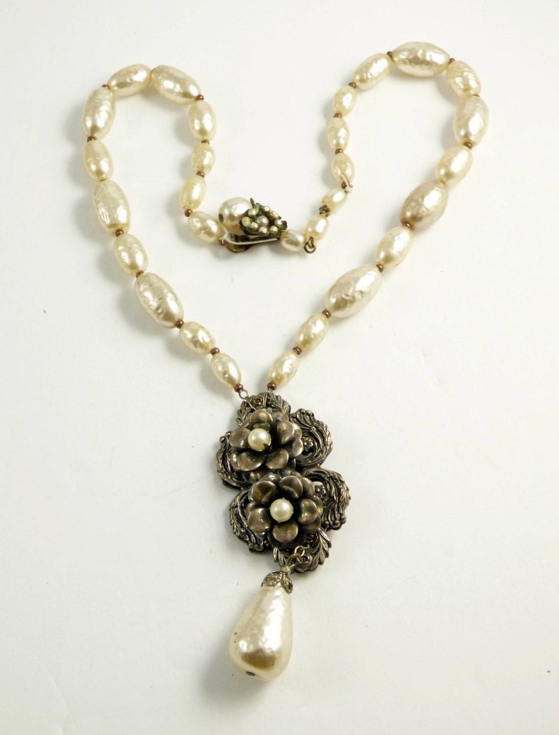 Miriam Haskell Baroque Pearl Antique Silver Floral Necklace
