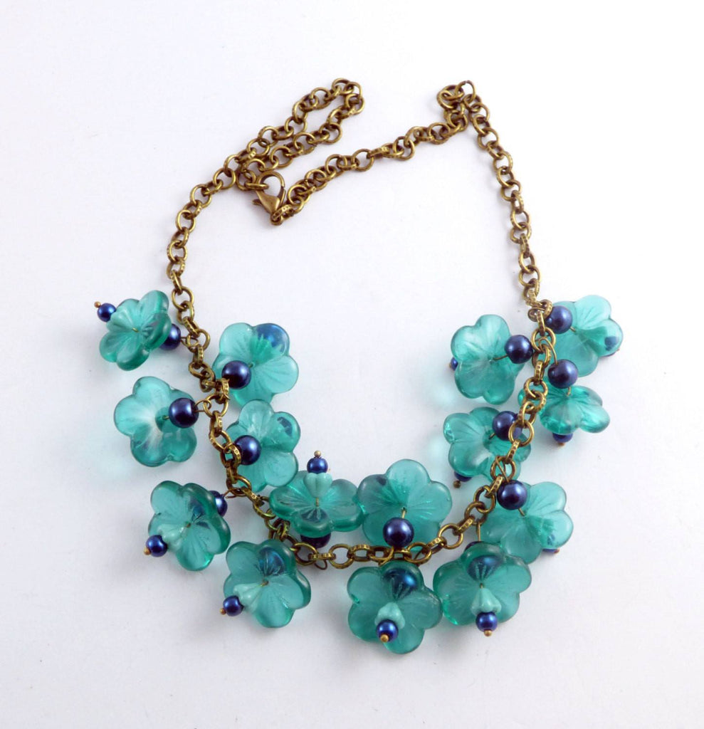 Glass Teal Colored Flowers with Dark Blue Beaded Brass Necklace ...