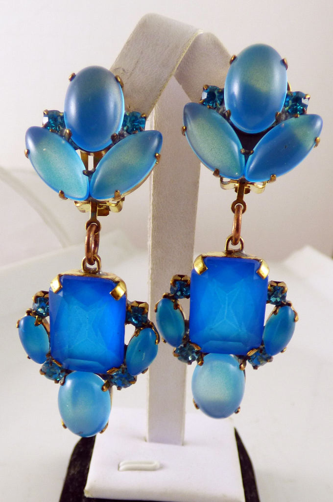 Czech Neon Blue Clip Earrings - Vintage Lane Jewelry