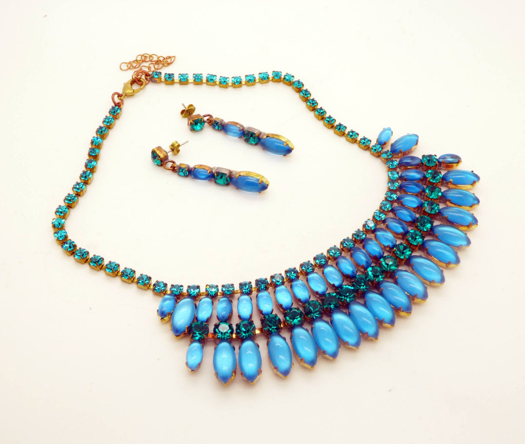 Czech Glass Sky Blue Cabochon Rhinestone Fringe Necklace & matching ...