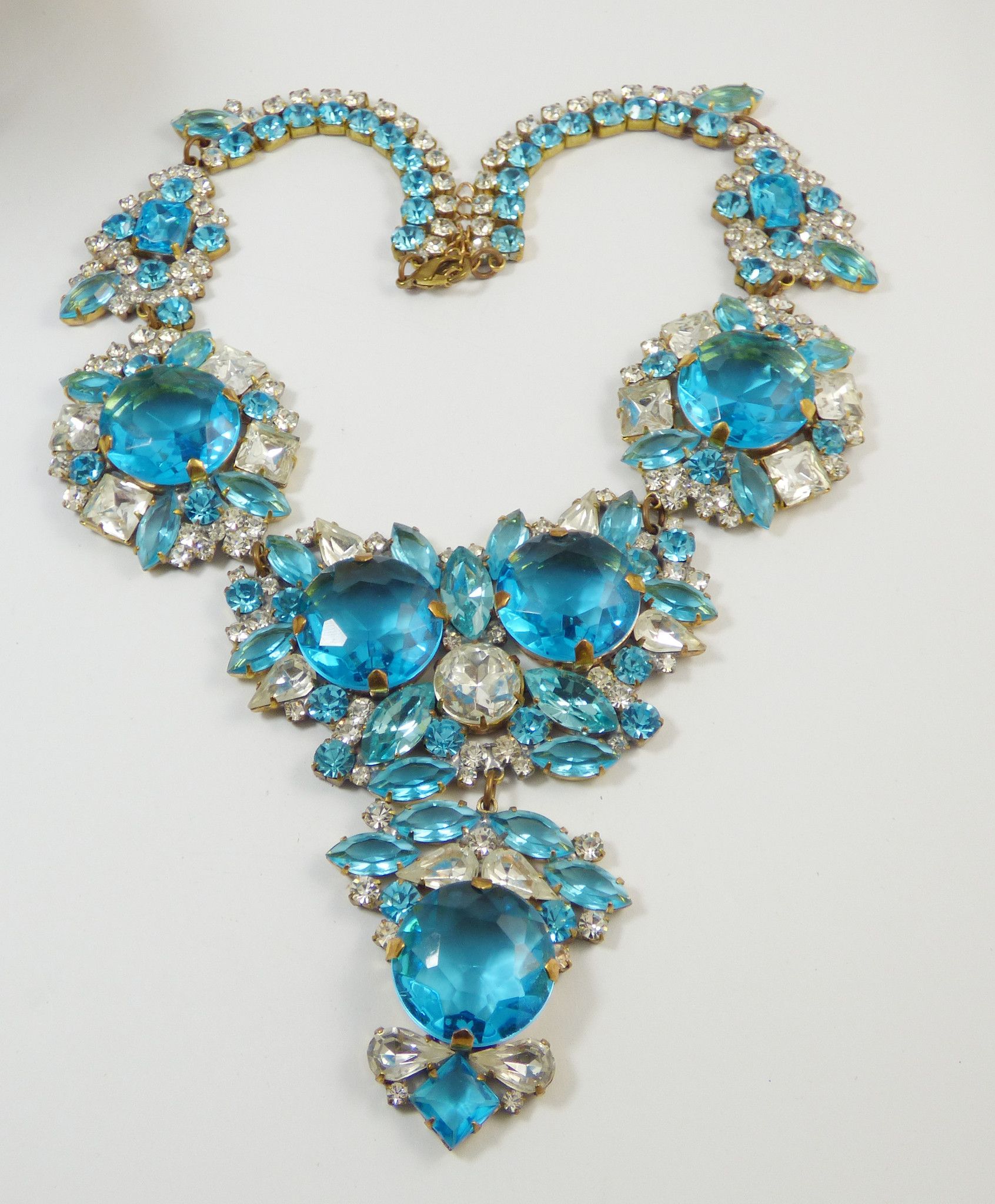 Aqua Blue and Clear Czech Glass Statement Necklace