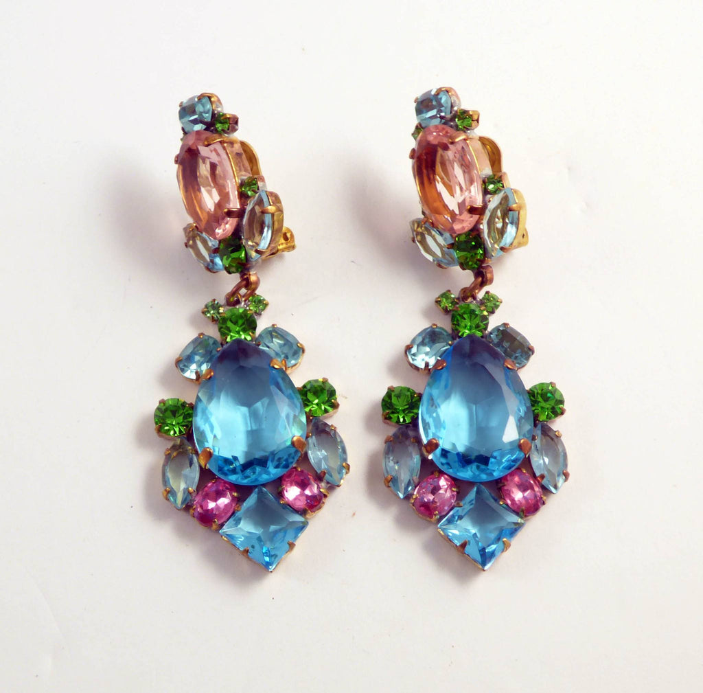 Czech Glass Aqua Blue, Pink and Green Rhinestones Clip Earrings ...