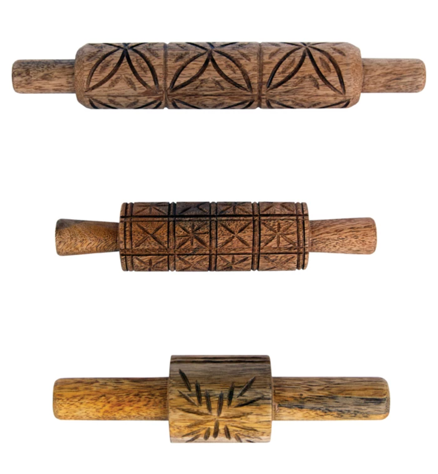 Hand-Carved Mango Wood Rolling Pins w/ Pattern, Set of 3