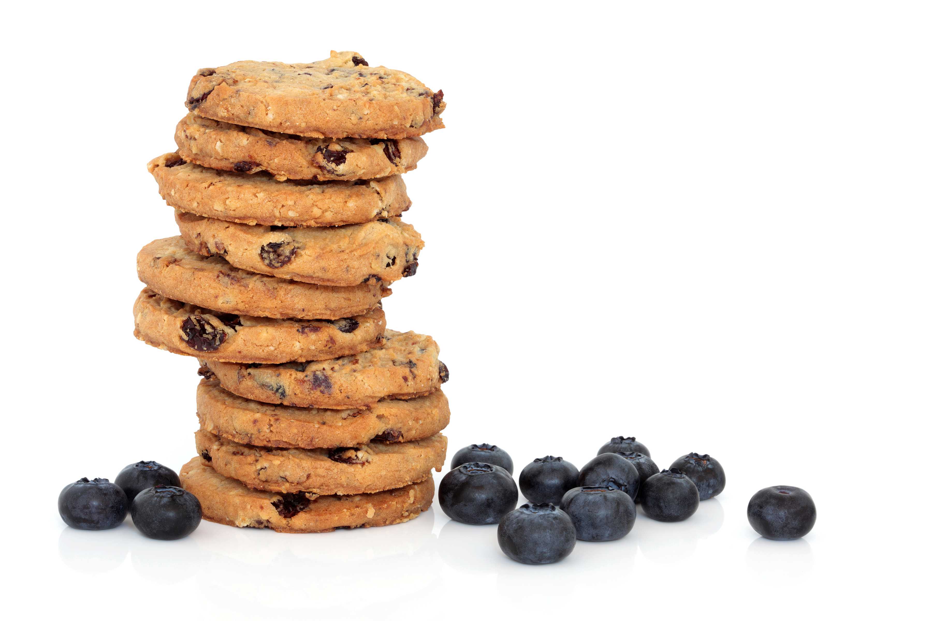 Stack of ten blueberry biscuits.