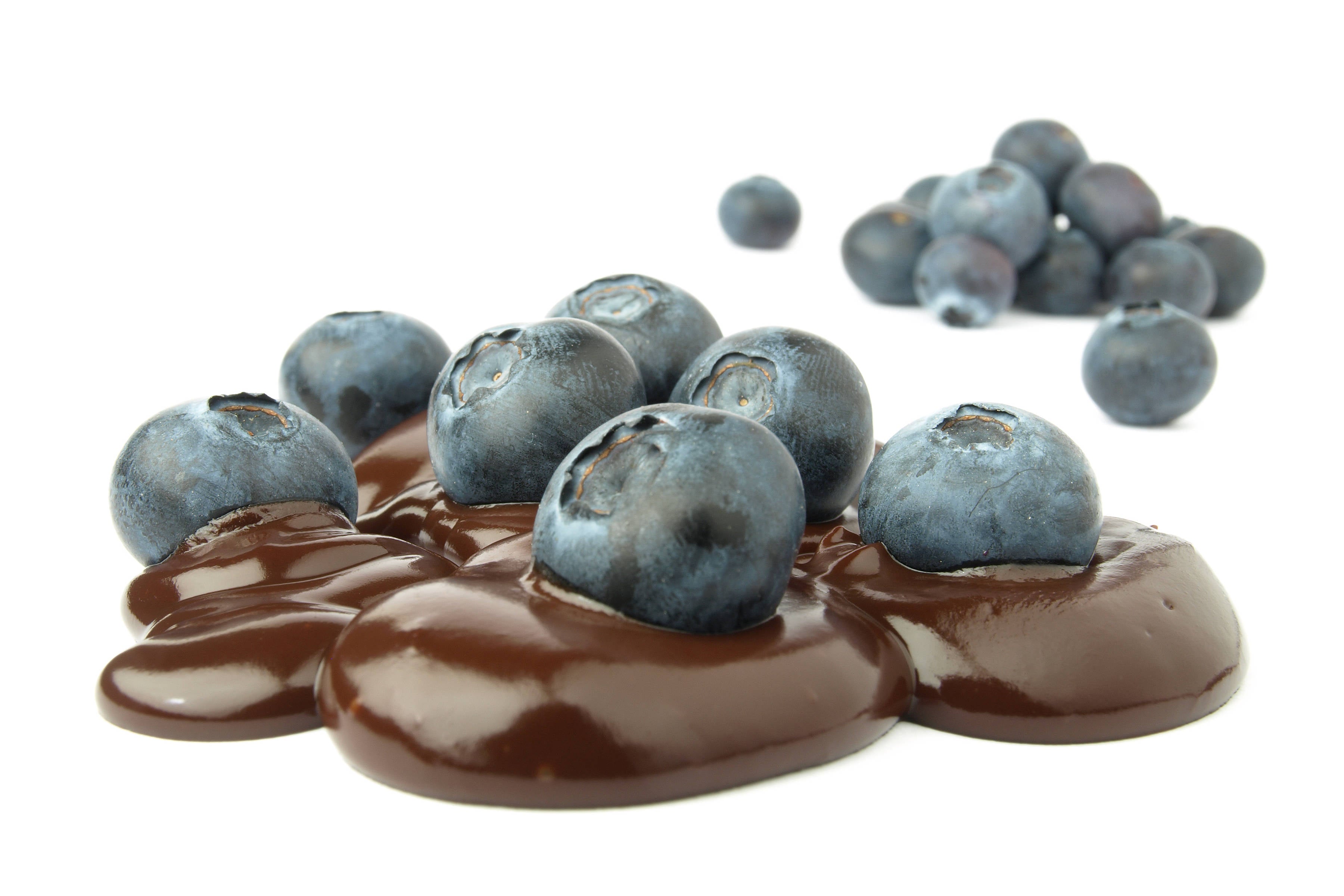 Blueberries in dark chocolate bark.