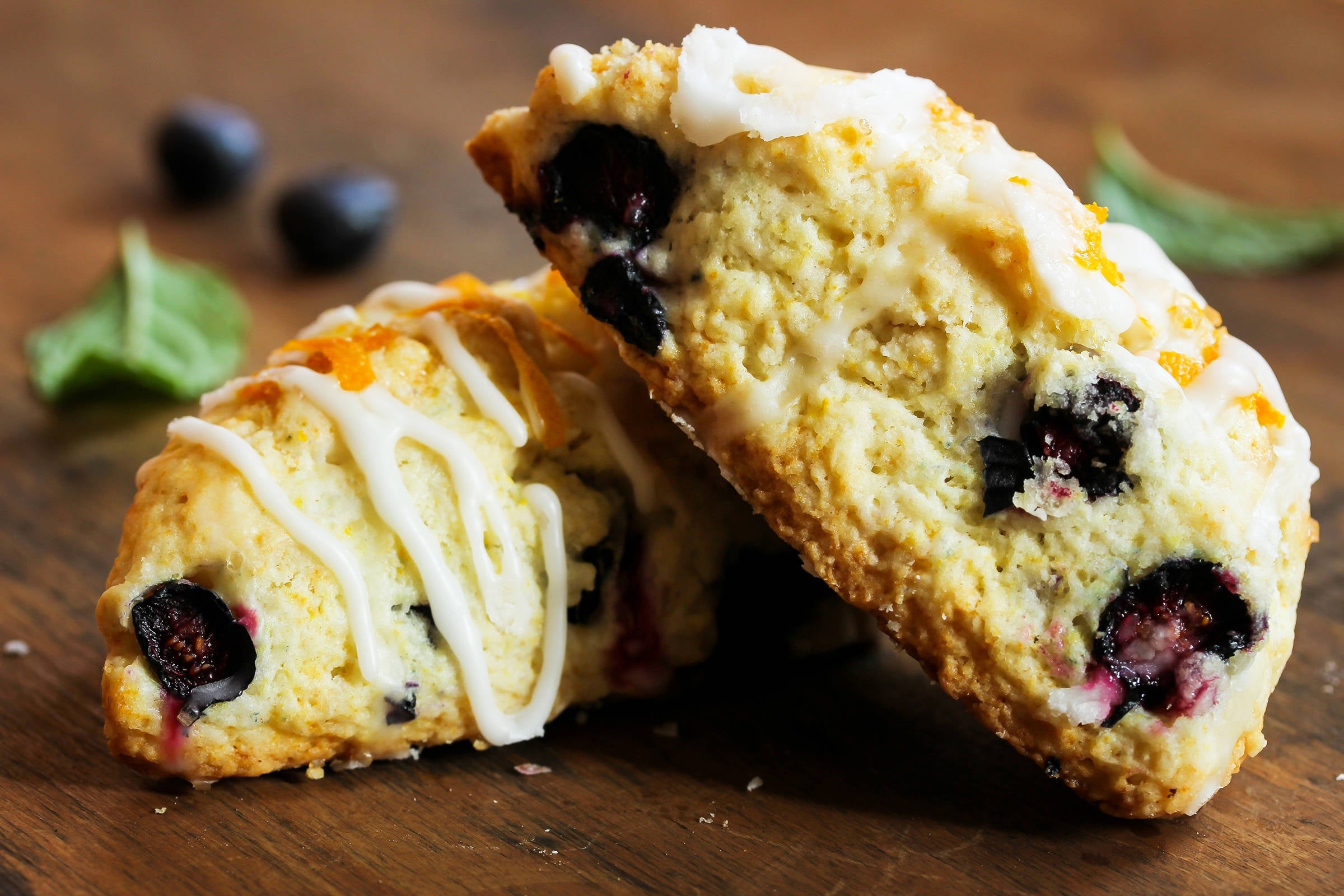 Blueberry and lemon scones drizzled with icing.