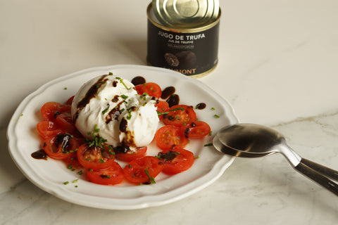 Burrata salad with  black truffle juice reduction and porcino mushroom