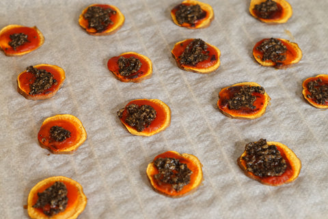 Sweet potato montaditos served with truffle breakings & grana padano cheese