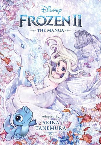 A book cover of a manga book with Elsa sitting on a white horse. The top of the book says "Disney - Frozen 2", the bottom says "Adapted by Arina Tanemura"