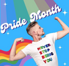 A white man with a limb difference on his left arm is flexing his biceps and looking to the top right of the photo. Behind him is a faded rainbow with the words 'pride month' in white text at the end. He is wearing a white t-shirt that says 'Never stop being you' in rainbow colours. A bright rainbow looks like a cape behind him. There are small white stars dotted around.