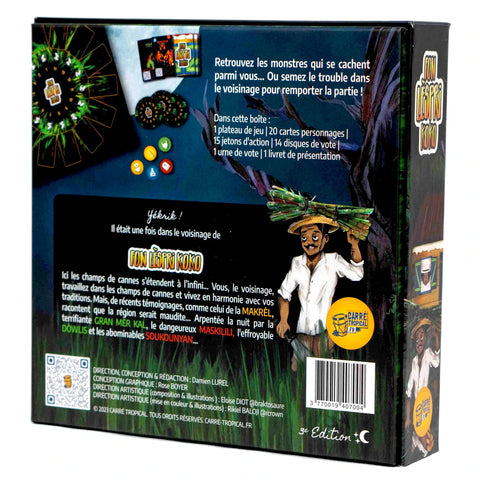 jeu de société créole FON LÈSPRI KOKO (Fond L'Esprit Coco) avec légendes créoles makrèl, soukounyan, soucougnan, dorlis, dòwlis, maskilili, gran mèr kal, grand-mère kalle, kenbwazè, quimbois, koupè kann, monstres myhtes et culture créole, des outre-mer, guadeloupe, martinique, guyane, la réunion, jeux de cartes, loup-garou, jeu de plateau, jeu d'ambiance, contes antillais, vaudou