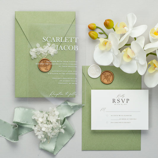 elegant monogram acrylic wedding invitation with vellum wrap and wax seal  SAPV008