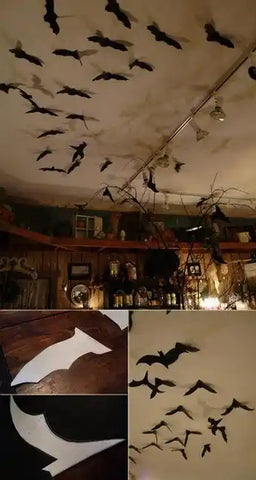 Black bats hanging from the kitchen ceiling