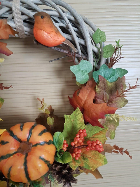 Fall Wicker Wreath|Farmhouse Halloween Wreath|Year Round Front Door Wreath|Pumpkin, Leaf, Bird, Pinecone|Rustic Welcome Autumn Round Sign