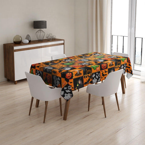 Halloween Tablecloth|Carved Pumpkin, Ghost, Spider Web, Skull Tabletop|Housewarming Fall Trend Table Cover|Halloween, Bat, Witch Print Table