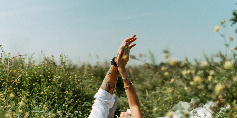 Couple holding hands in organic field