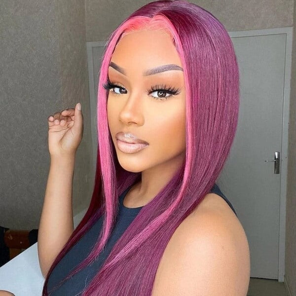 Hot Pink Money Piece Highlight on Bone Straight Purple Locks