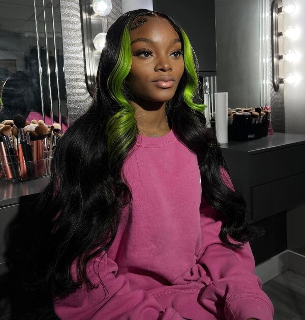 Lime Green Money Piece Highlight on Long Black Loose Waves