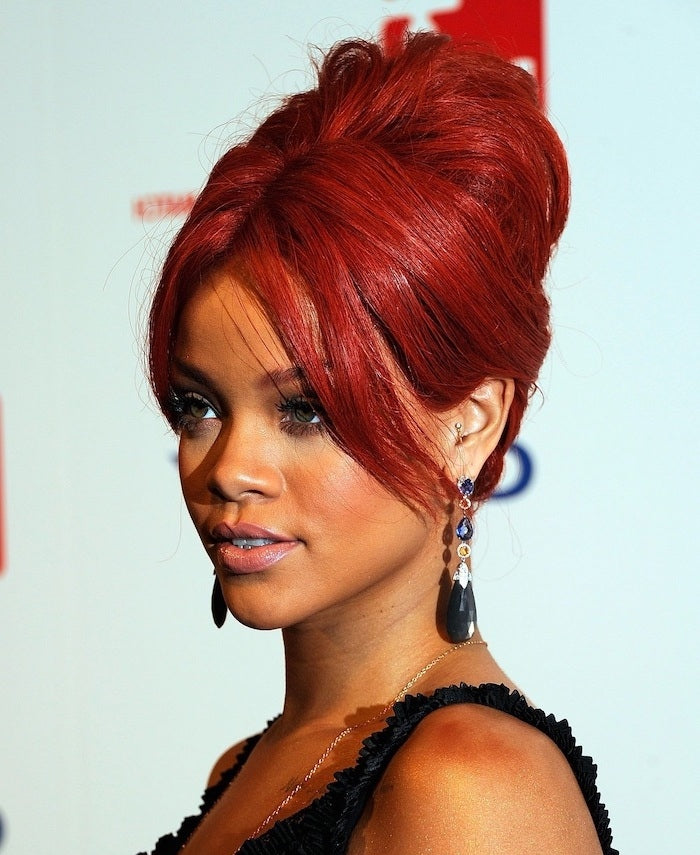 red wig in high updo on Rihanna 