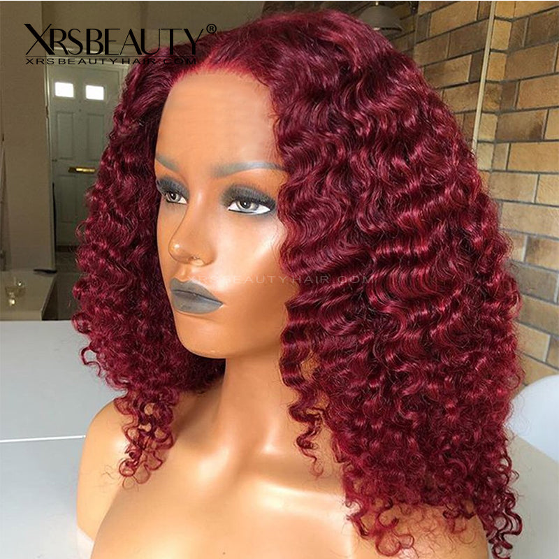 Burgundy 99J Tight Curly Lace Human Hair Wig Pre Plucked Natural Hairl ...